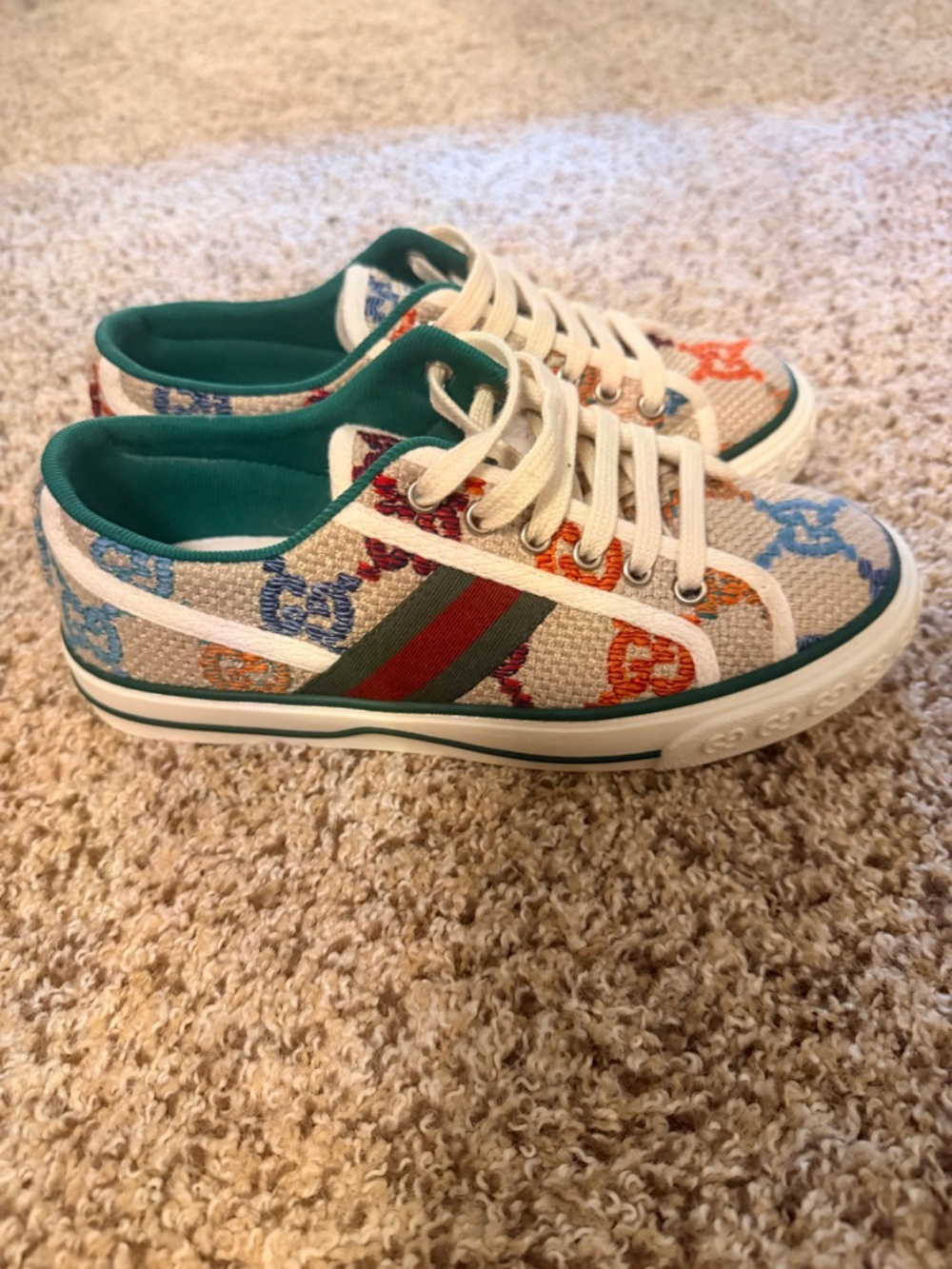 Gucci Womens Multicolor GG Canvas Tennis Sneakers with Green Stripe